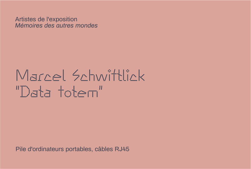 informations sur la sculpture :
Marcel Schwittlick, "Data totem", Pile d'ordinateurs portables, câbles RJ45, Artistes de l'exposition Mémoires des autres mondes