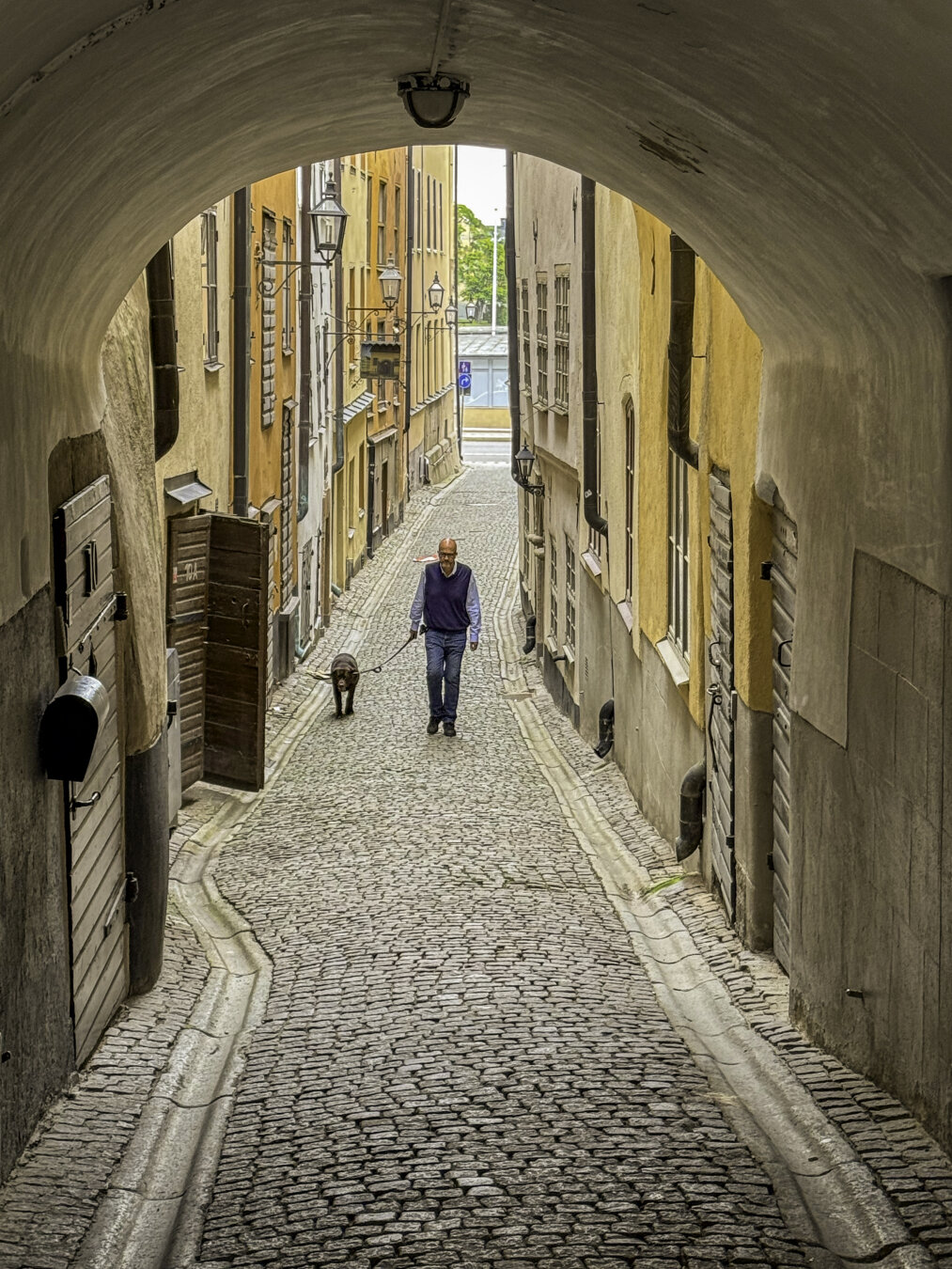 A man walks a dog along a narrow alley as viewed through an arched portal.