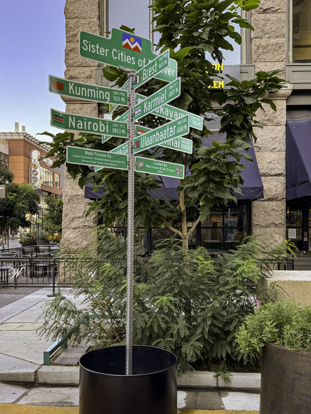 Artistic signpost with numerous colorful street signs with city names on them located in a downtown environment