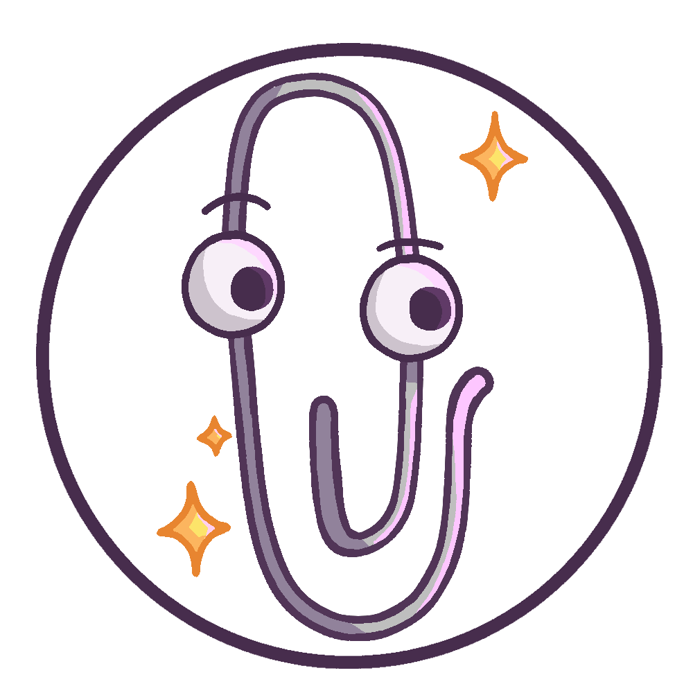 A drawing of Clippy (a paperclip with eyes) that has glitter next to it