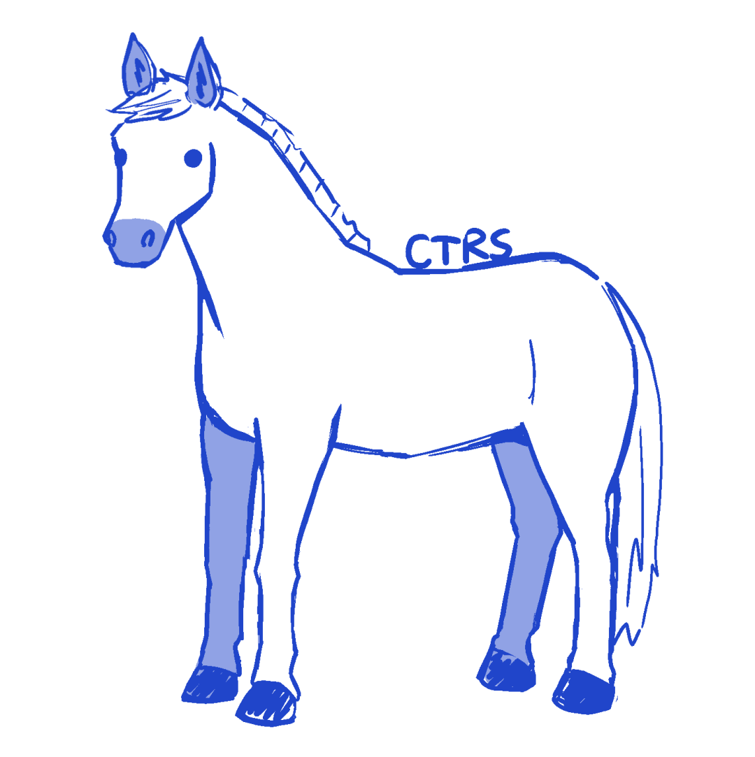 A blue drawing of a horse standing