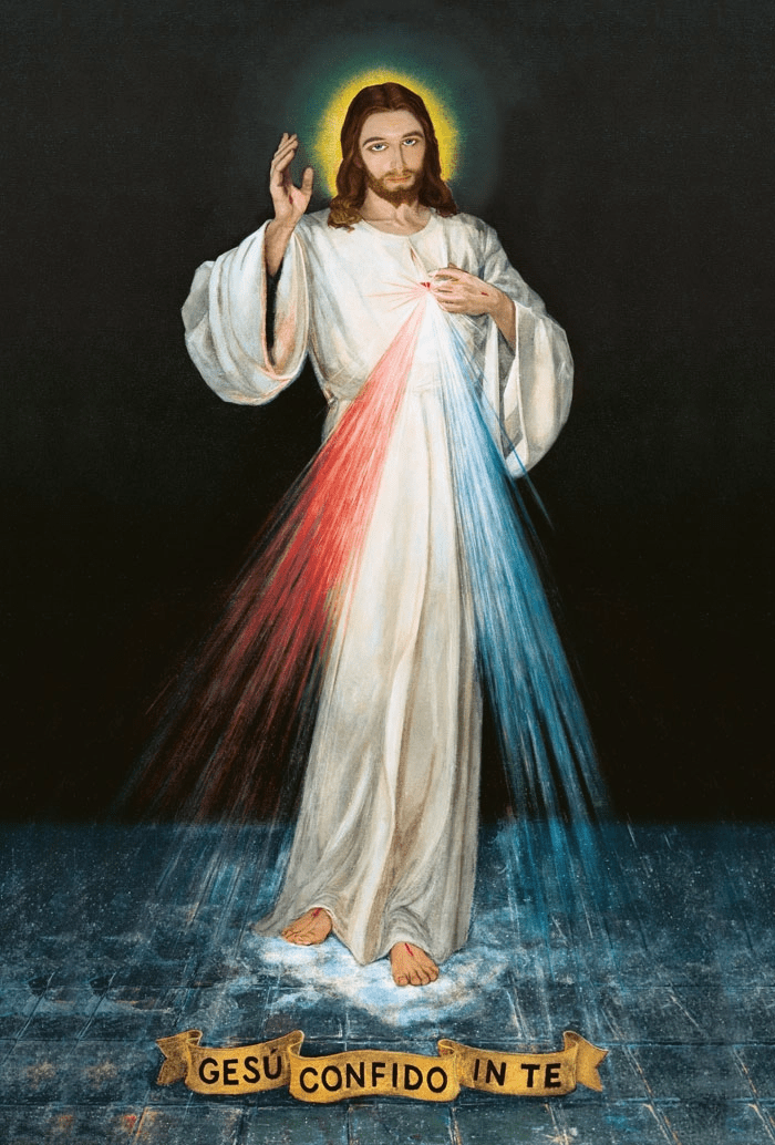 Quadro della Divina Misericordia. Rappresenta Gesù in piedi, vestito di bianco, con due raggi di luce, rossa e azzurra, che partono dal cuore e vanno verso il basso. Nella parte inferiore del quadro c'è la scritta: Gesù confido in te