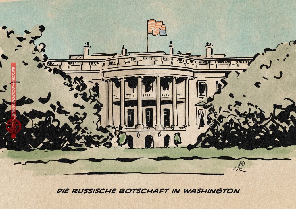 Illustration Postkartenansicht des Weißen Hauses als Illustration. Die amerikanische Flagge auf dem Dach weht über Kopf. Textzeile: Die russische Botschaft in Washington