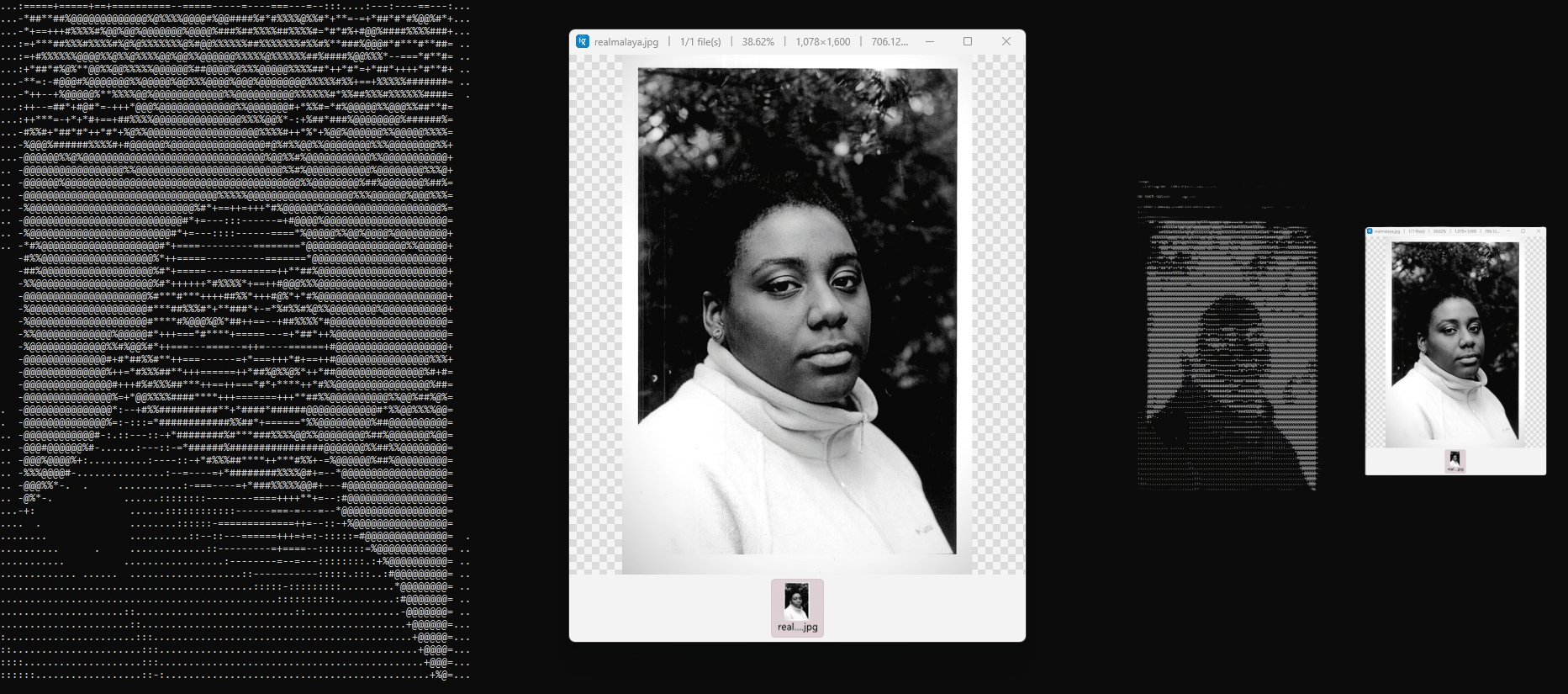 Black-and-white portrait rendered entirely in ASCII characters. The image shows a stylized human face and shoulders composed of dense bar-like symbols, giving a pixelated, code-made texture. Created with a custom Python script by Malaya Wright as part of her upcoming GitHub ASCII art project.