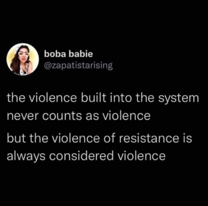The violence built into the system never counts as violence. But the violence of resistance is always considered violence.