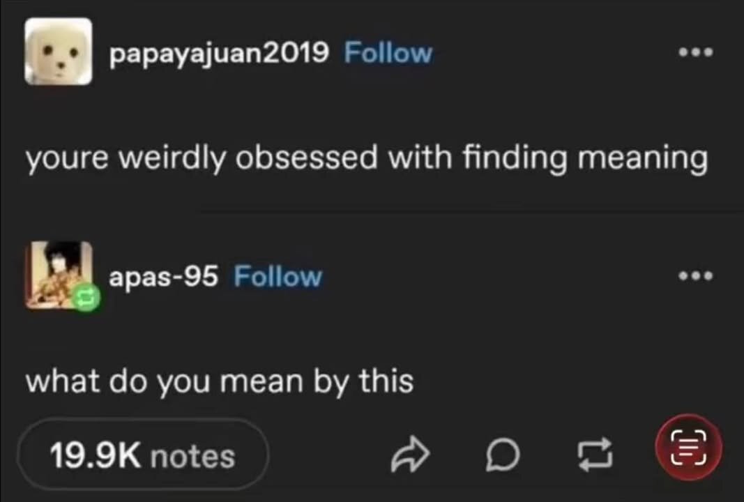 n papayajuan2019 Follow youre weirdly obsessed with finding meaning m apas-95 Follow what do you mean by this T P~ 2 © B