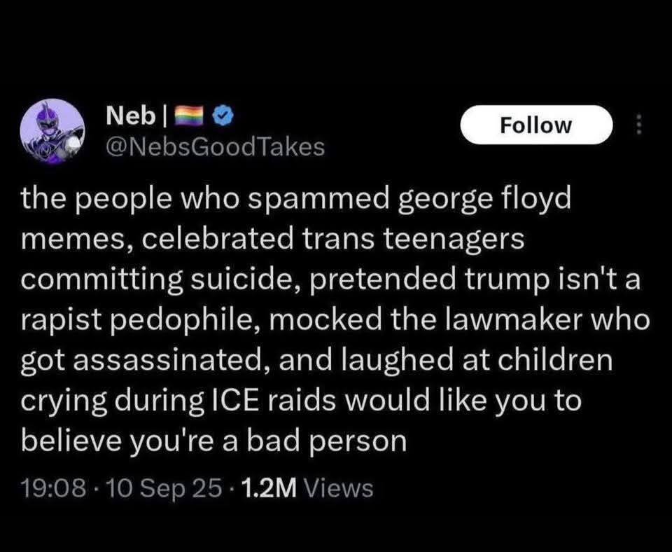 the people who spammed george floyd memes, celebrated trans teenagers committing suicide, pretended trump isn't a racist pedophile, mocked the lawmaker who got assassinated, and laughed at children crying during ICE raids would like you to believe you're a bad person