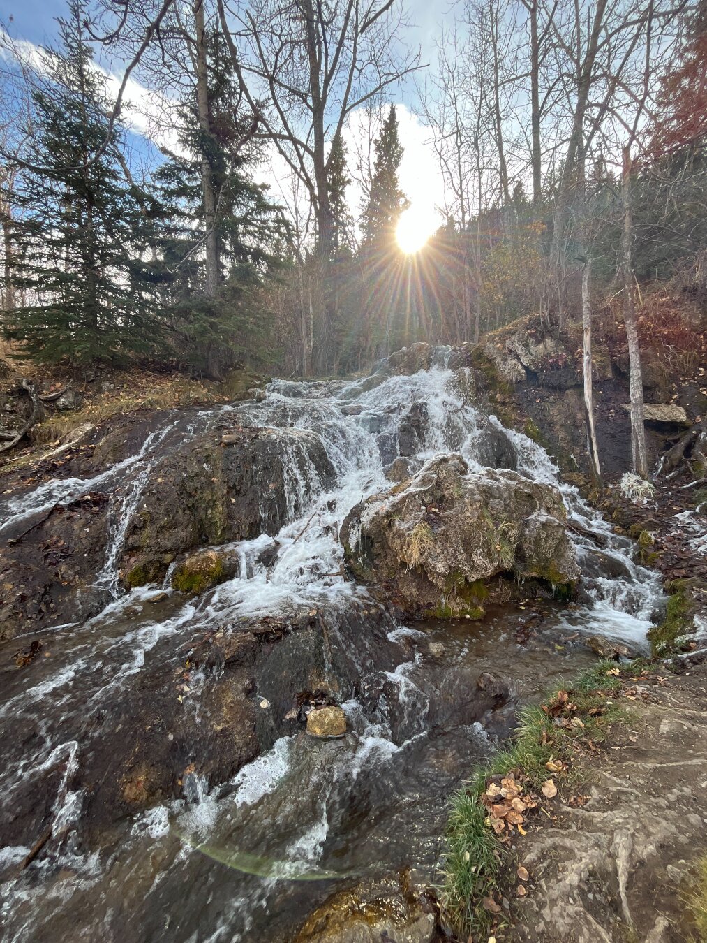 A small waterfall flows over rocks in a forested area with trees and the sun shining through the branches.