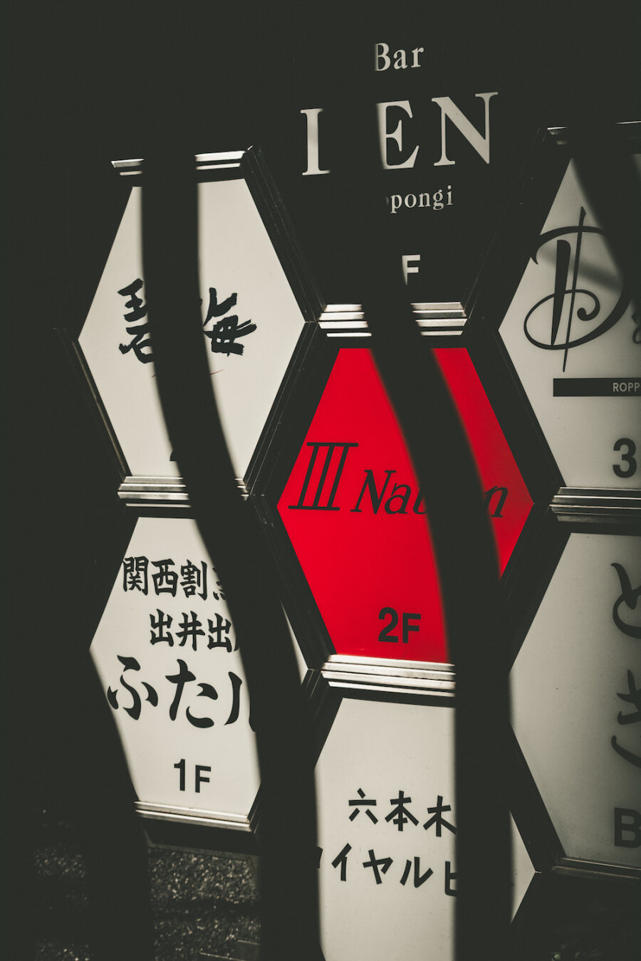 A geometric signboard in Roppongi displays hexagonal panels with Kanji and English text. Dark curvilinear shadows veil the monochrome surface, whilst a single striking hexagon glows in vivid crimson red amidst the darkness, creating a poetic dialogue between light, structure, and silent night urban geometry.