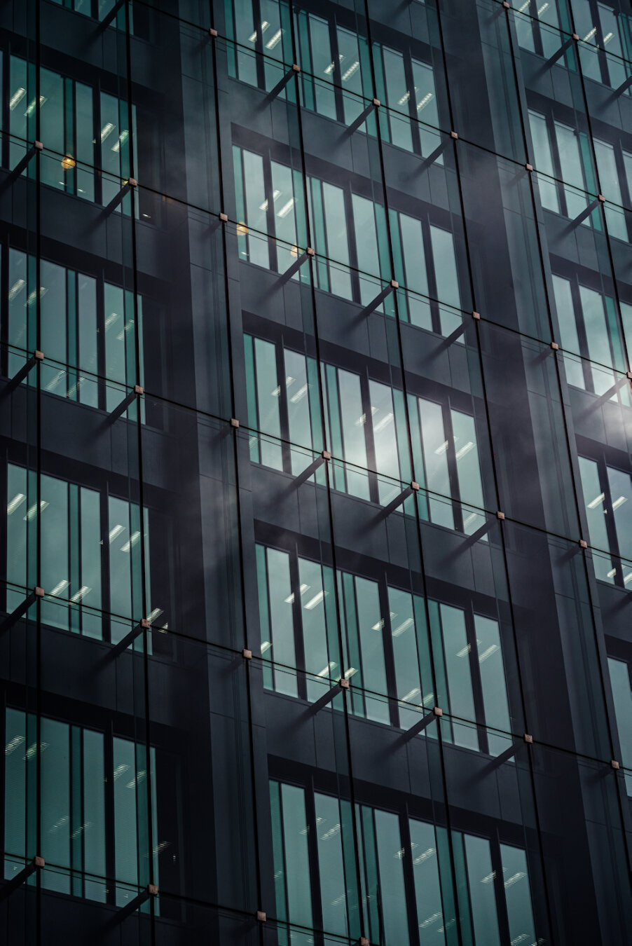 A modern building in Kojimachi, Chiyoda, encased in a dramatic outer glass facade. Structural steel supports suspend a sheer glass layer over the windowed surface, catching faint ambient reflections. The rhythmic geometry of dark frames and pale light creates a tranquil, veiled architectural composition in the heart of Tokyo.