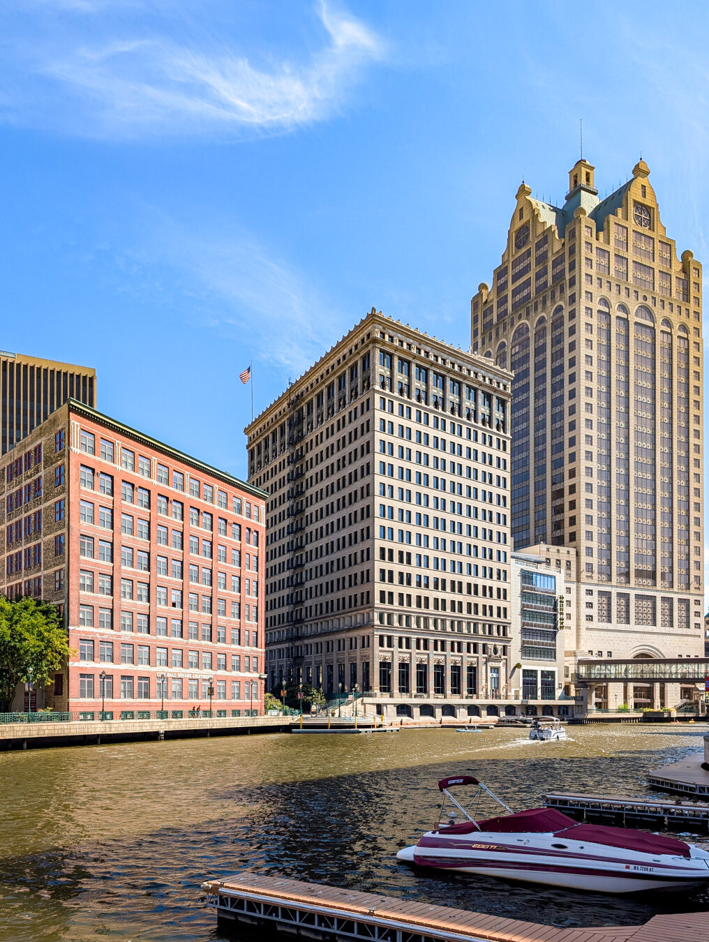 Three historic buildings along the Milwaukee River