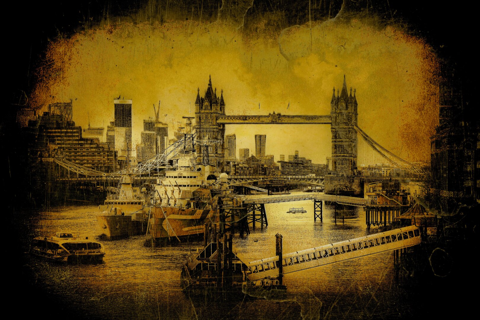 Tower Bridge in LONDON England with two warships moored side by side