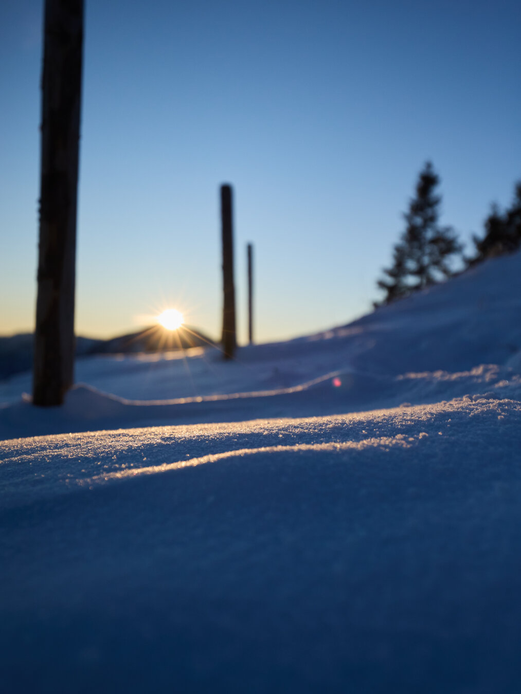 The sunrise with some fence poles in the foreground and a snowy ground.
