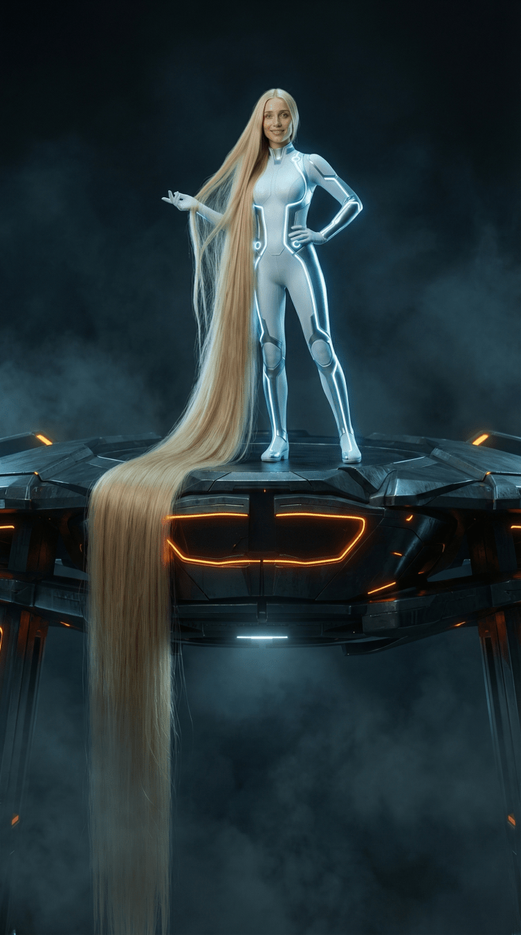 A vertical full-body shot of Ashe Hawk in a white Tron bodysuit standing on a high platform. She holds her 70 inches of blonde hair out to the side, letting it flow over the edge of the platform where it hangs in a massive, floor-length curtain of gold. The image highlights the sheer volume and extreme length of the hair against the dark sci-fi background.