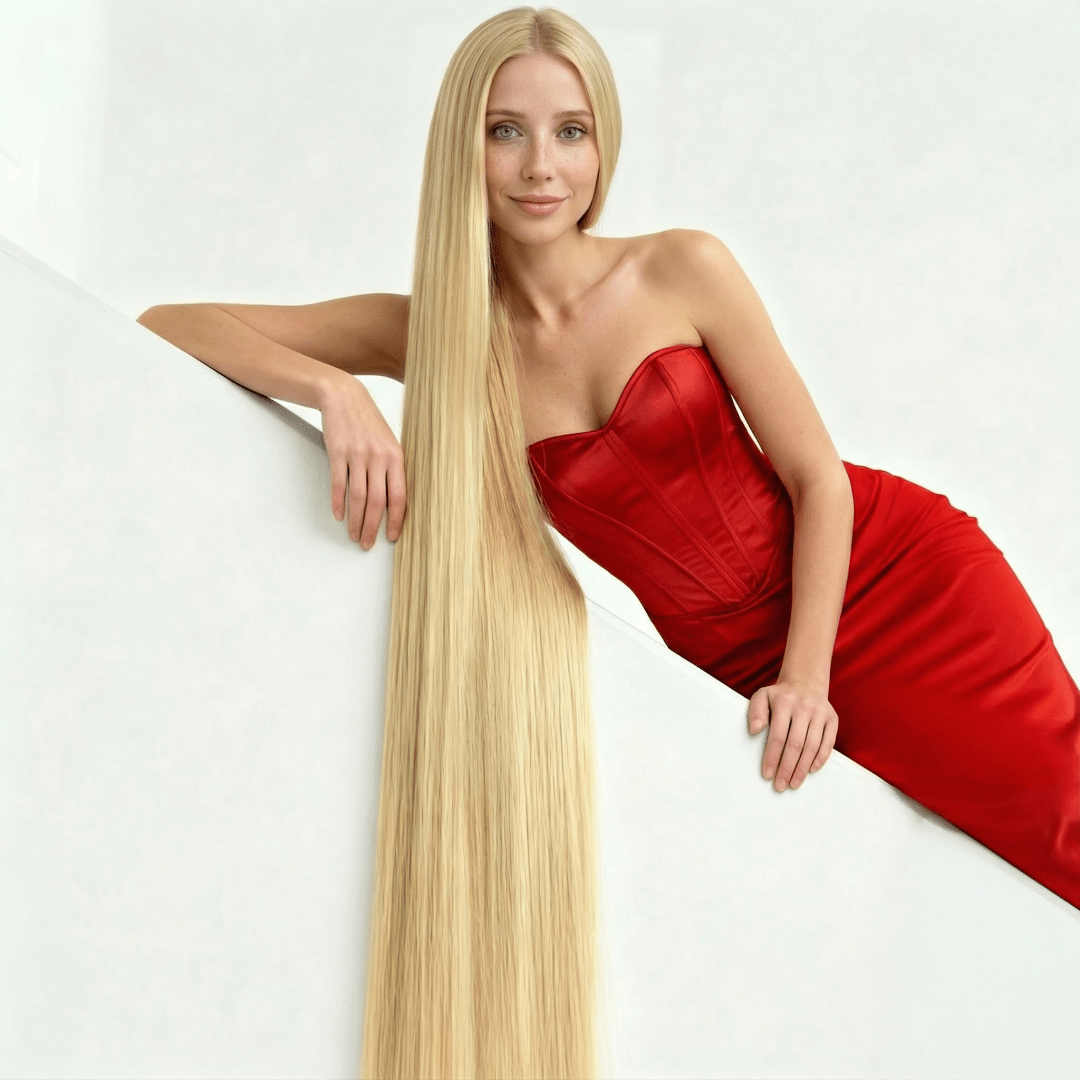 A close-up shot of Ashe Hawk leaning over a white wall or railing. She is wearing a red strapless corset dress. Her long blonde hair is draped over the wall, flowing straight down out of the frame. She is smiling gently at the camera. A clean, bright image focusing on hair texture and length.