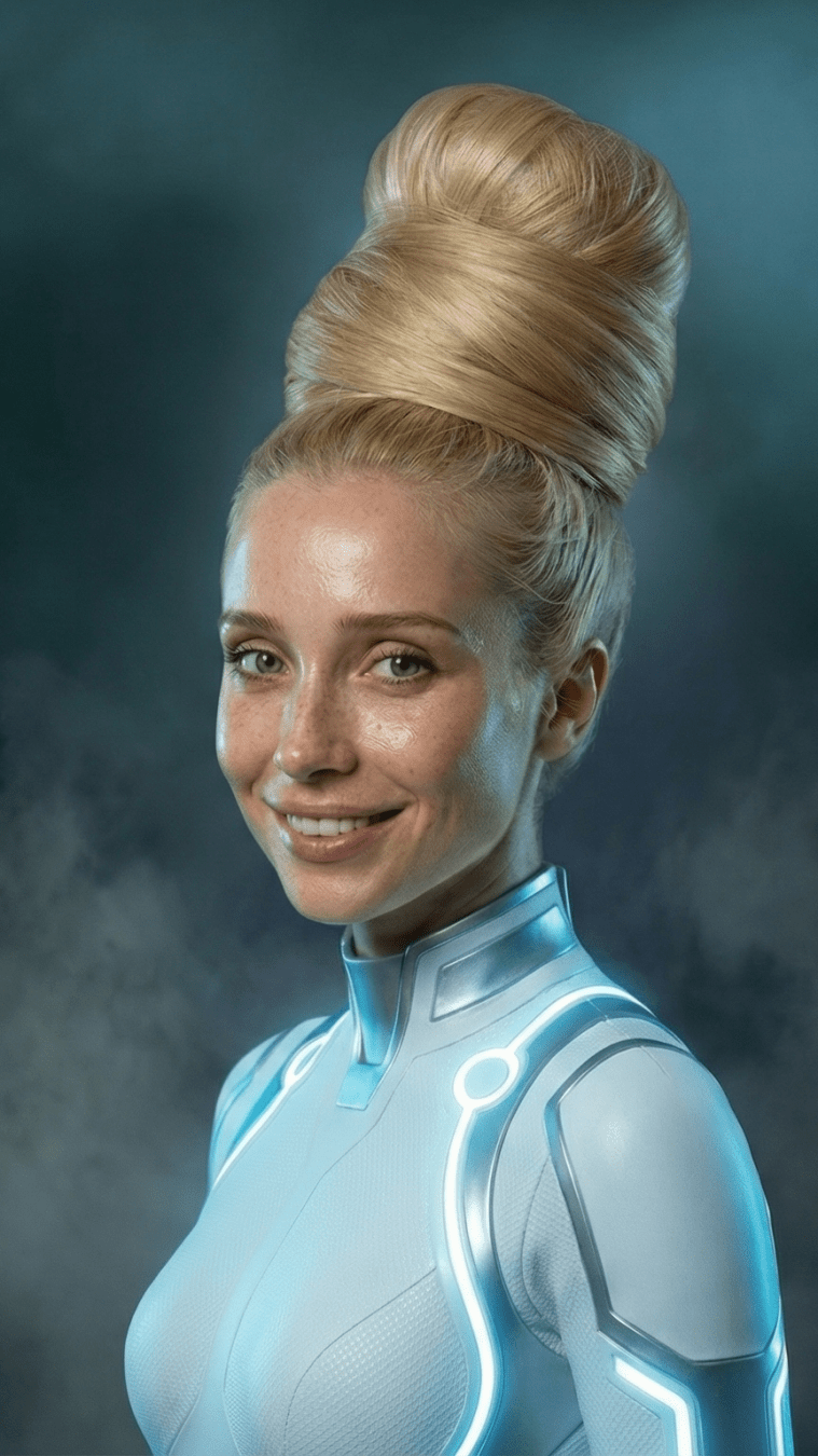 A portrait of Ashe Hawk wearing a white glowing Tron bodysuit. Her 70 inches of natural blonde hair is styled into an incredibly massive, high-stacked beehive bun that sits tall on top of her head. The image showcases the immense volume and density required to contain floor-length hair in an updo.