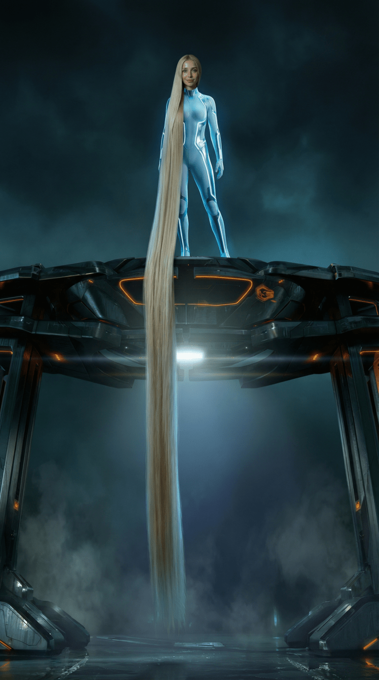Ashe Hawk standing on a high platform wearing a white Tron suit. Her very long blonde hair hangs straight down from the top all the way to the bottom of the picture in a straight line. The hair looks thick and golden against the dark background.
