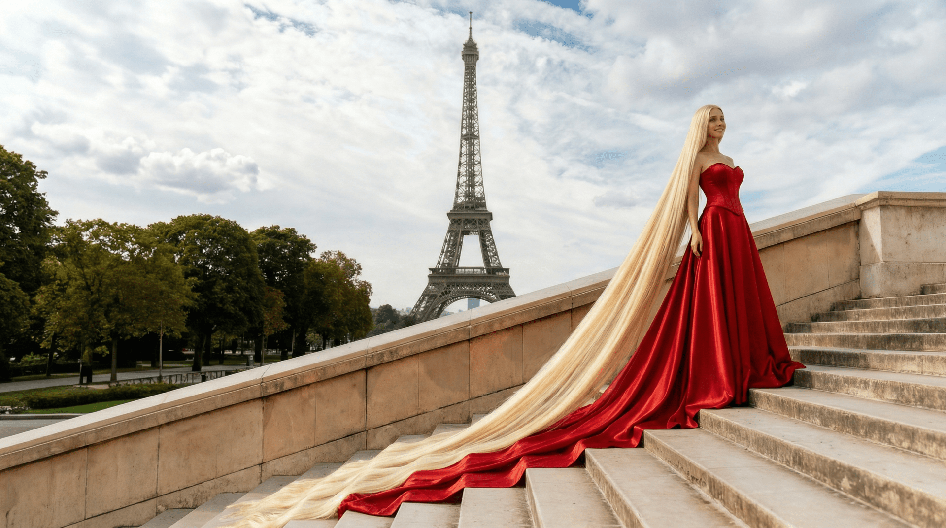 A wide landscape photo of Ashe Hawk standing on the stairs of the Trocadéro in Paris, with the Eiffel Tower in the background. She is wearing a red ballgown. Her extremely long blonde hair flows down the stone steps behind her like a golden waterfall, creating a stunning visual line leading up to her. The sky is partly cloudy. A beautiful travel and fashion image.