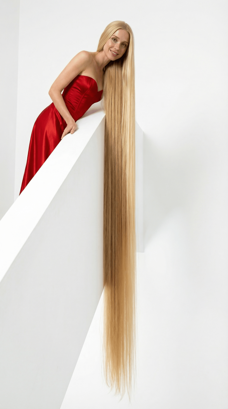A photo of Ashe Hawk leaning over the railing of a white modern staircase. She is wearing a red strapless gown. Her extremely long blonde hair hangs straight down the side of the stairs, reaching far below her feet, highlighting the incredible vertical length. She smiles at the camera. Minimalist and elegant composition.