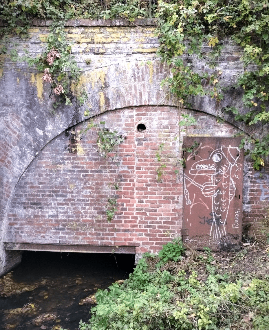 Kreidezeichnung eines angelnden Fischmanns auf rostiger Tür neben einem Bach.