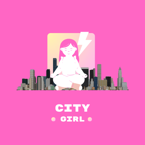 An image of a girl meditating over a city, that has been resized to make it appear as if the girl is larger than the city.