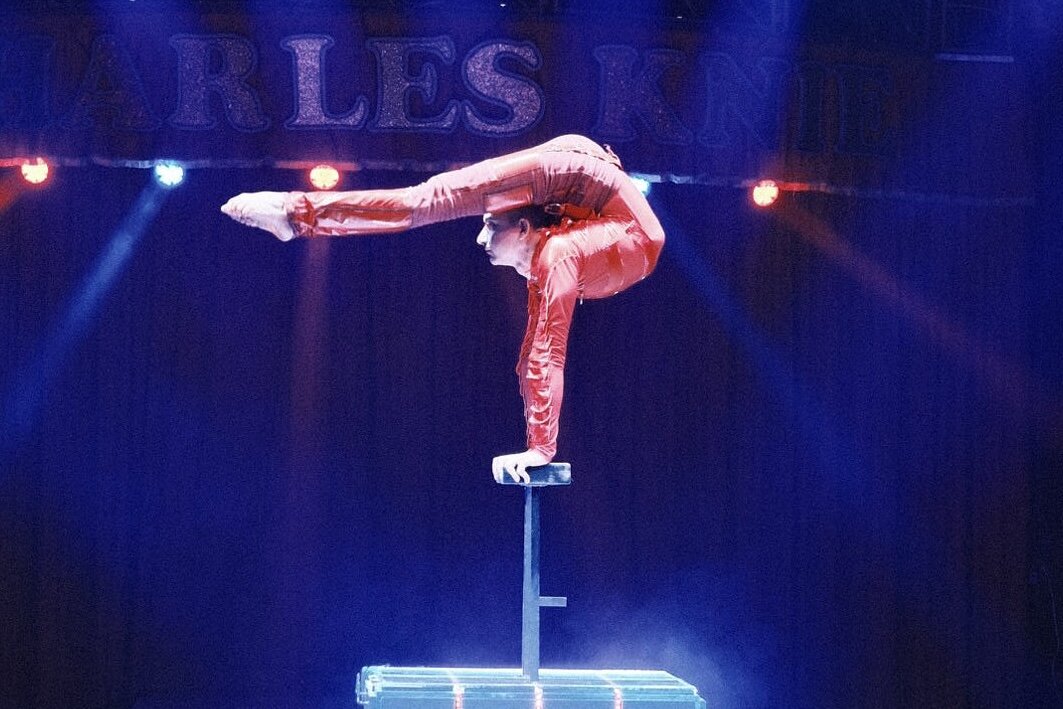Ein Artist macht einen extremen Handstand auf einem kleinen Podest. Er trägt ein glänzendes rotes Kostüm. Sein Körper ist stark nach hinten gebogen, sodass die Beine über den Kopf zeigen. Die Bühne ist dunkel, mit blauem und rotem Licht.

A performer is doing an extreme handstand on a small platform. He wears a shiny red outfit. His body bends far backward so her legs extend over her head. The stage is dark with blue and red lights.
