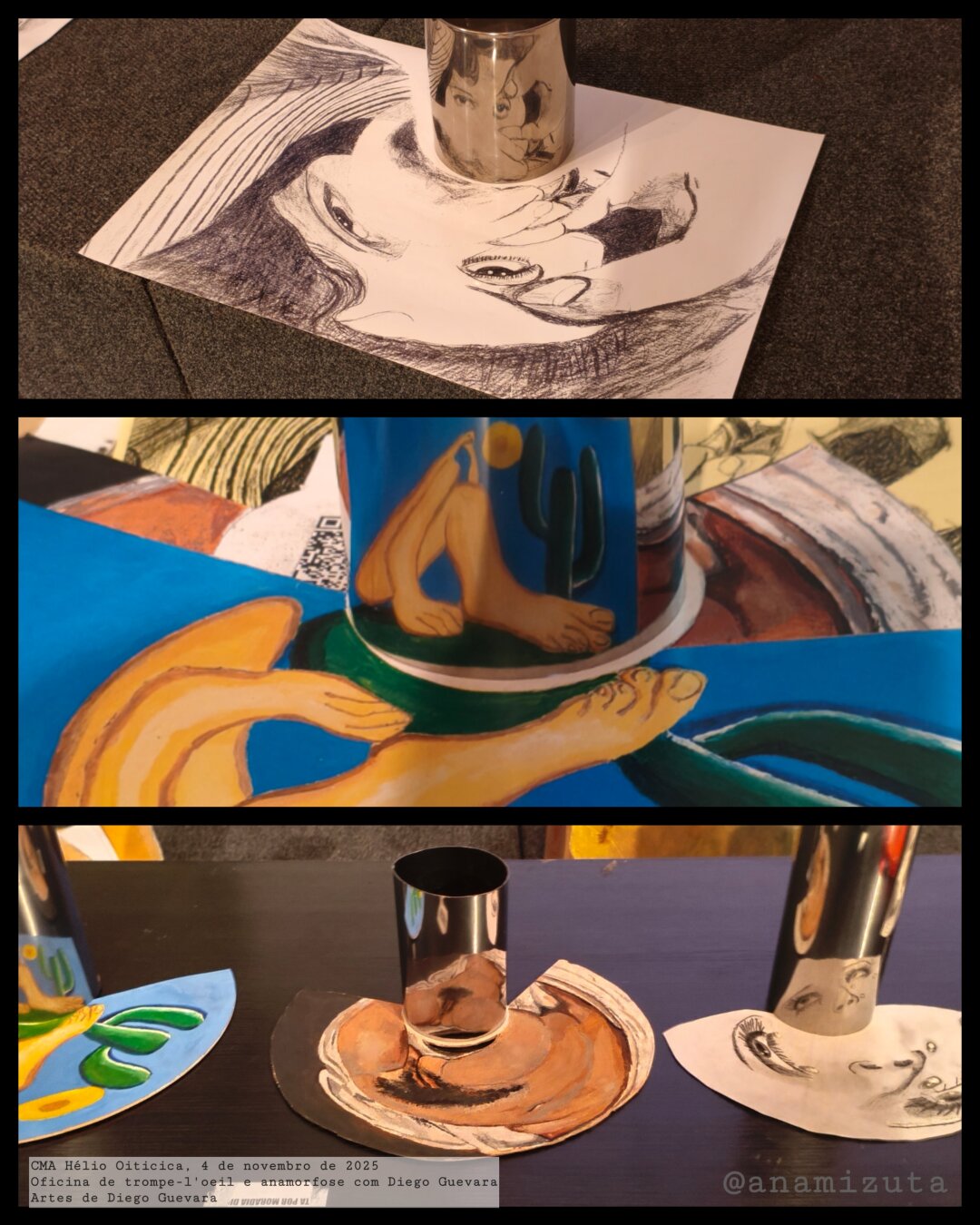 3 images of examples of cylindrical anamorphosis using famous works of art