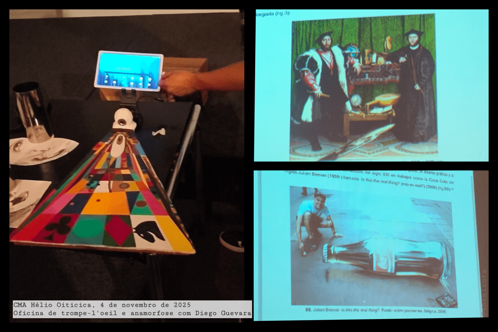 A larger image shows an anamorphosis artwork by Diego Guevara. Other 2 images are pages from his dissertation with pictures of anamorphosis on artworks, old and new.