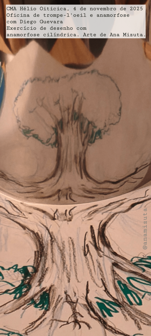 A drawing I made at the anamorphosis workshop. It's a tree, distorted on paper and reflected on a cylinder without much distortion.