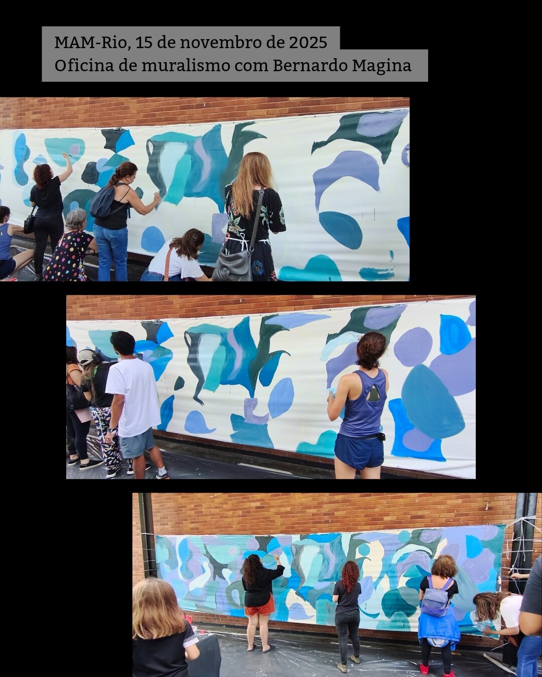 3 fotos mostram diferentes estágios do mural azul com os participantes pintando.