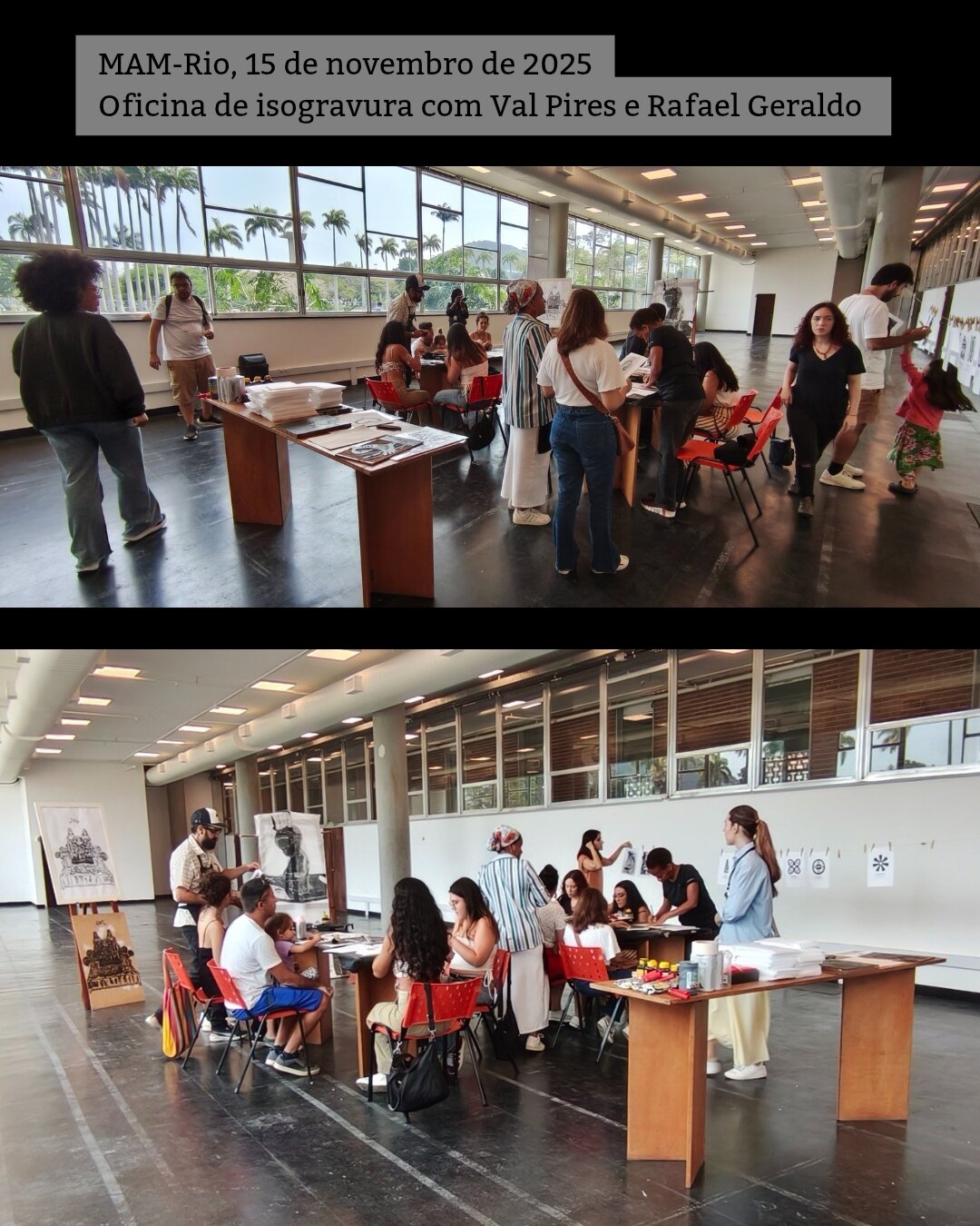 2 fotos mostram uma visão geral da oficina com várias pessoas. Ela ocorre em um salão modernista amplo, com janelas por toda parede e teto alto. Há uma mesa com material e 2 mesas pra os participantes. Há obras de xilogravura em 2 cavaletes.