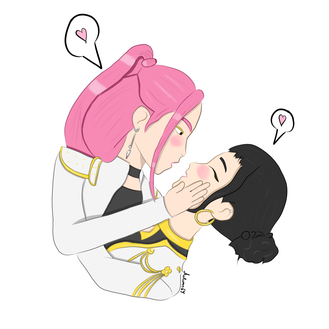 A drawing of Zoemira (ship of Zoey and Mira from K-pop Demon Hunters).