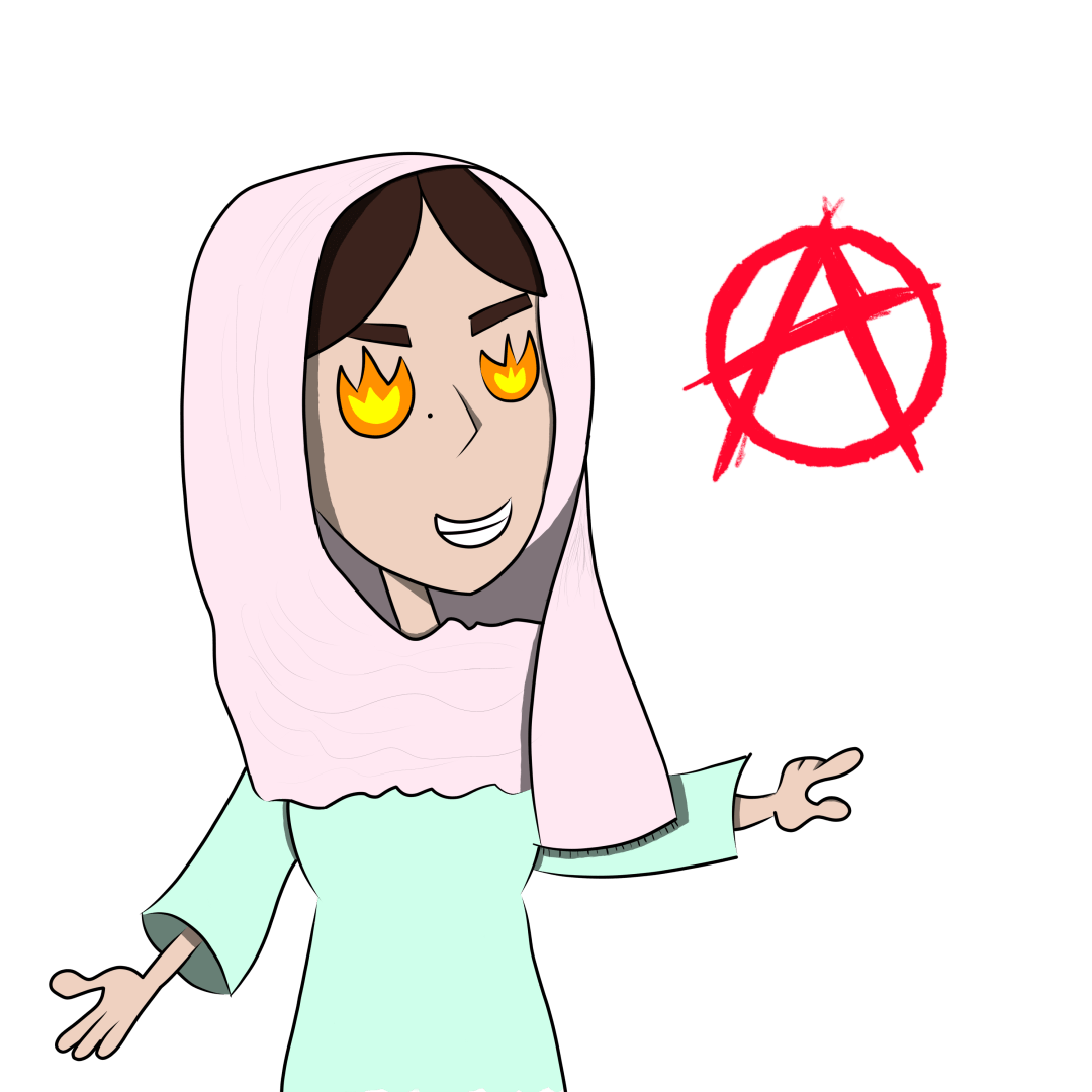 A drawing of my OC from a movie series called Legend Quest (in Spanish "Las Leyendas") with the anarchism symbol.