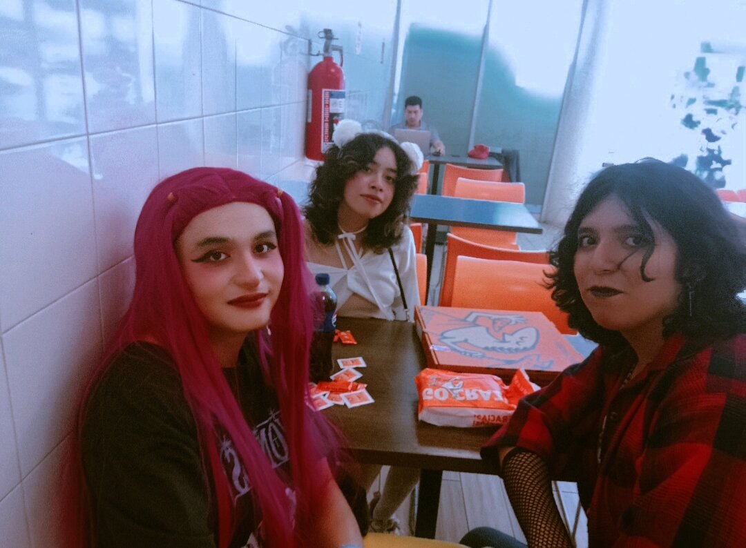 A selfie cosplaying Mira I took with my friends at Little Caesars. One of my friends was cosplaying Marceline from Adventure Time and the other was cosplaying Chiikawa.