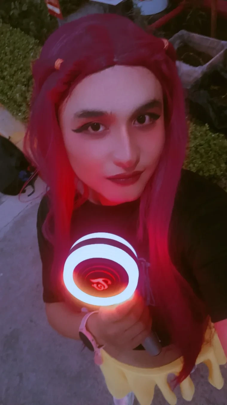 Another selfie cosplaying Mira with a candy bong.