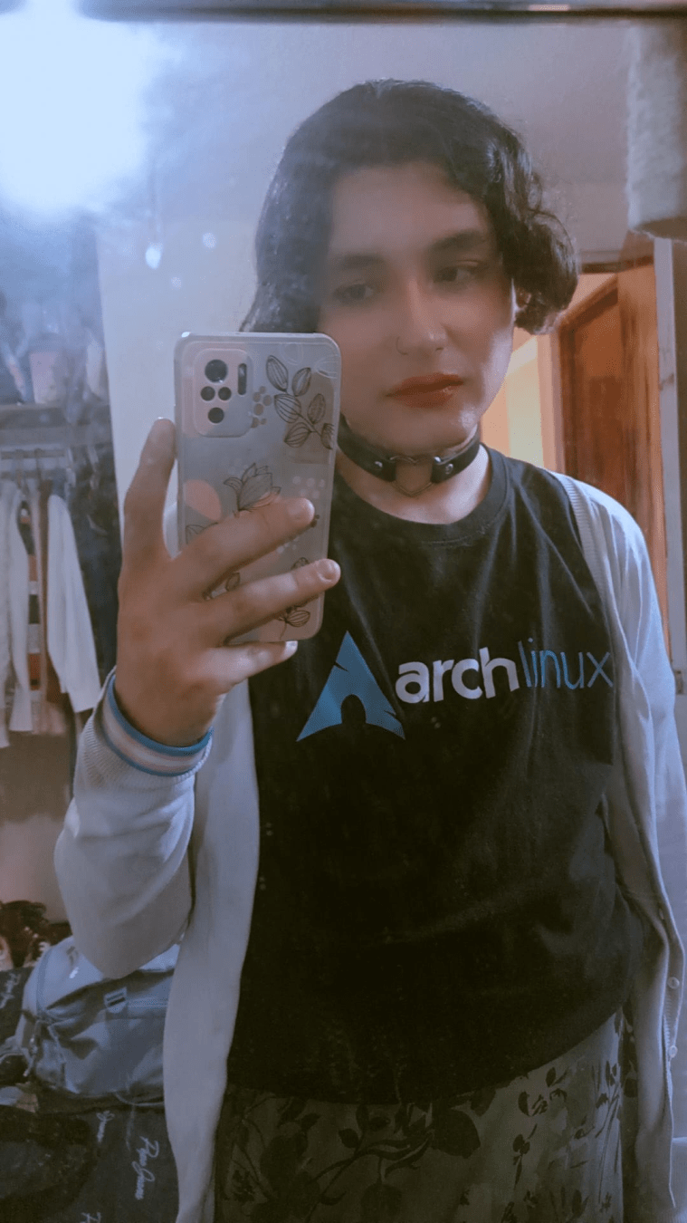 A mirror selfie wearing an Arch Linux T-shirt, a light gray sweater and a witchy boho green skirt.