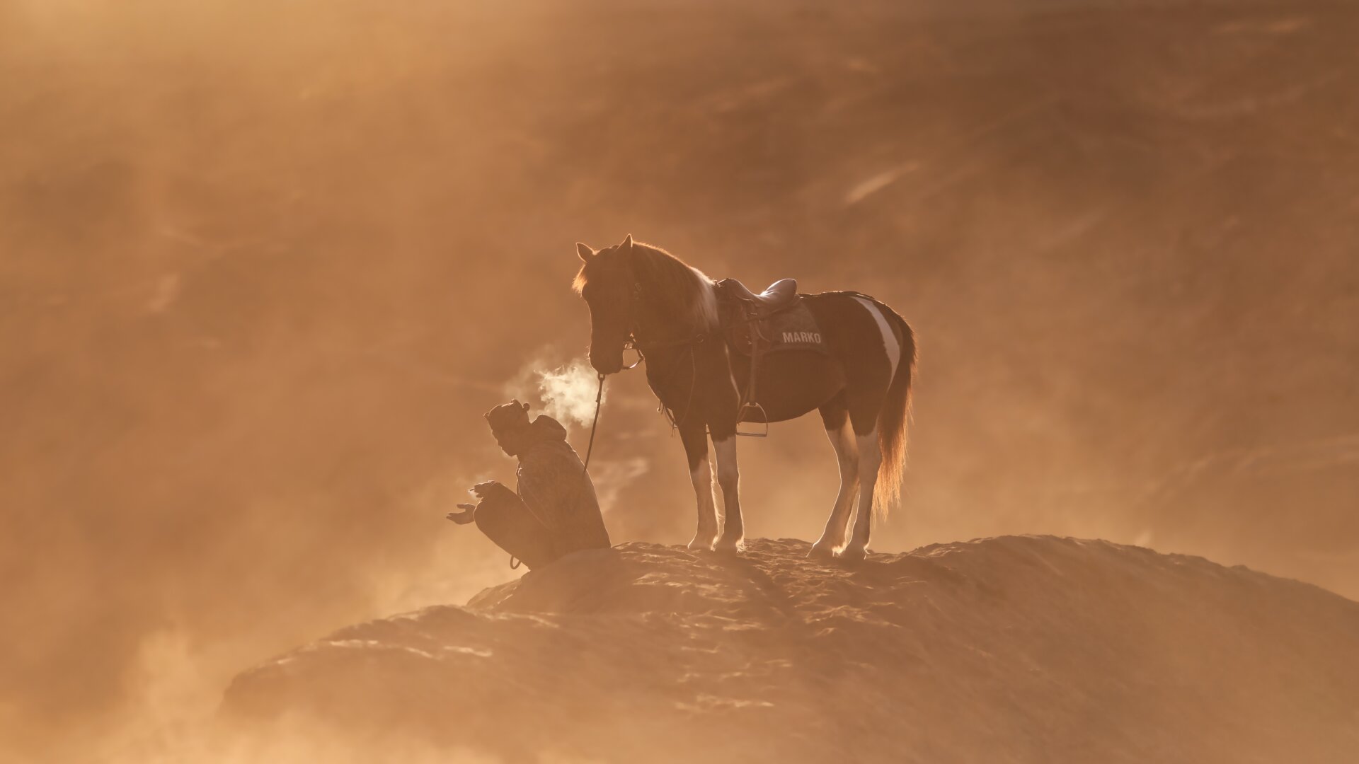 Focused on the squatting horseman, smoking besides his horse against a sunlit glowing sand fore and background