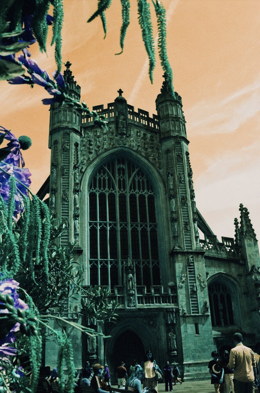 Analog color photo of a gothic style church in Bath, England.