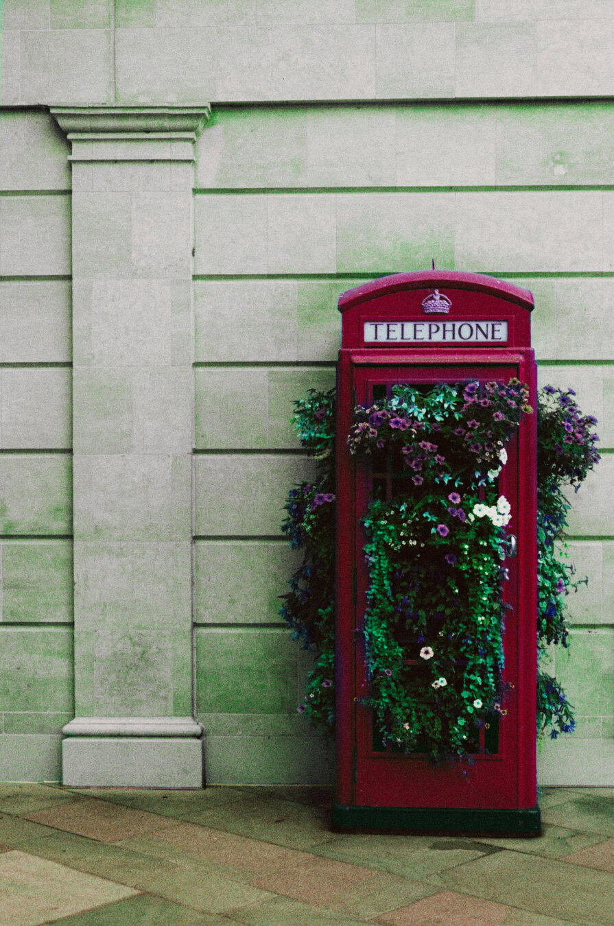 Analog color photo of an old former english phone booth in Bath, which now is used as a giant flower pot. The colors of the photo are edited to the original colors (nearly I would say).