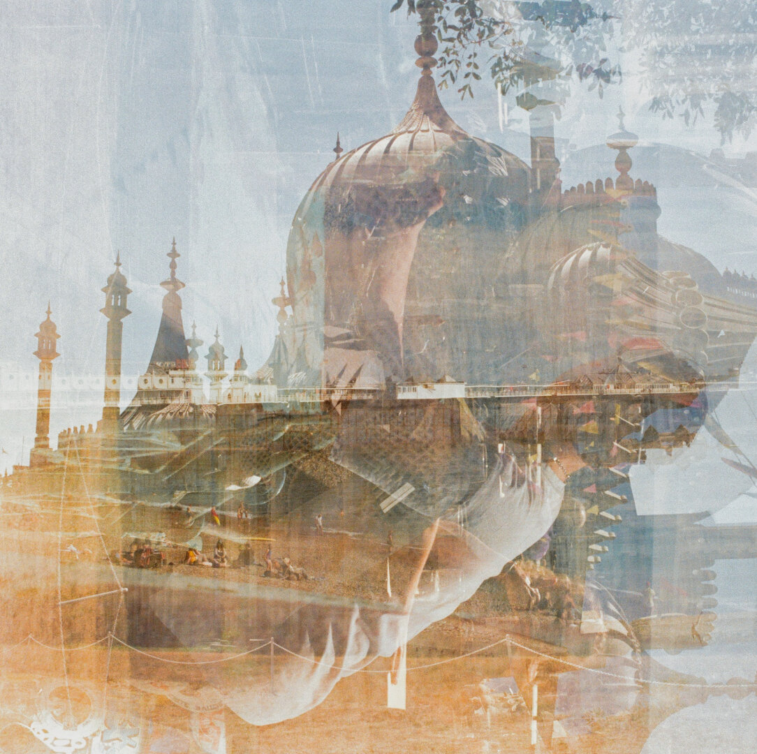 Analog color photo which was accidently exposed four times. Photo shows twice the Brighton Royal Palace with its iconic towers and twice the Brighton beach. You can also recognize the back of a person who is looking towards the sea.