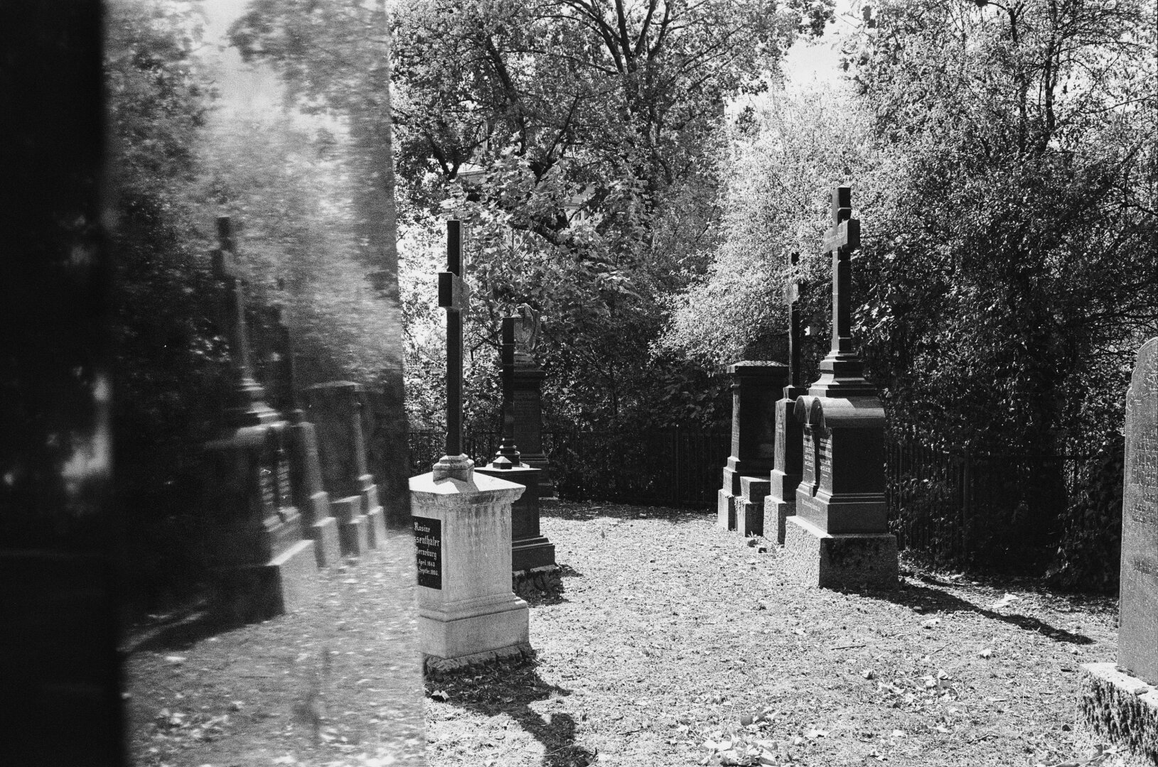 Another shot of the graves. Some reflect in the gravestone on the left side of the photo.