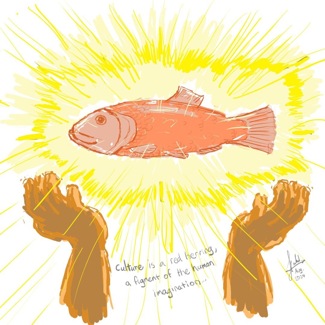 Illustrated drawing, raw-sketch style, of a red fish / red herring floating in the air with light rays emanating from it; a pair of hands below the fish is raised up seeming as if the hands are magically levitating the fish, or are raised up in prayer towards the fish. A hand-written caption below the fish says, 