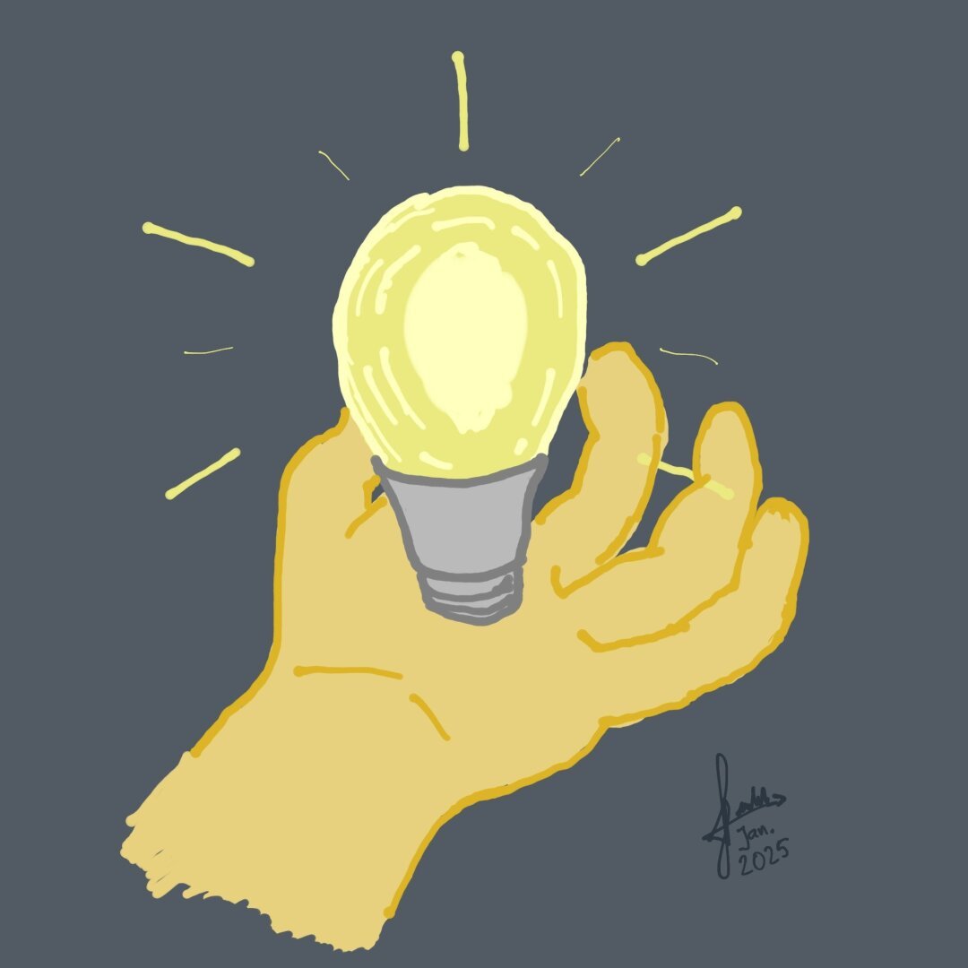 Color digital sketch illustration done in Krita for Windows. The drawing portrays a powered-on lightbulb floating above an open hand in a dark room.