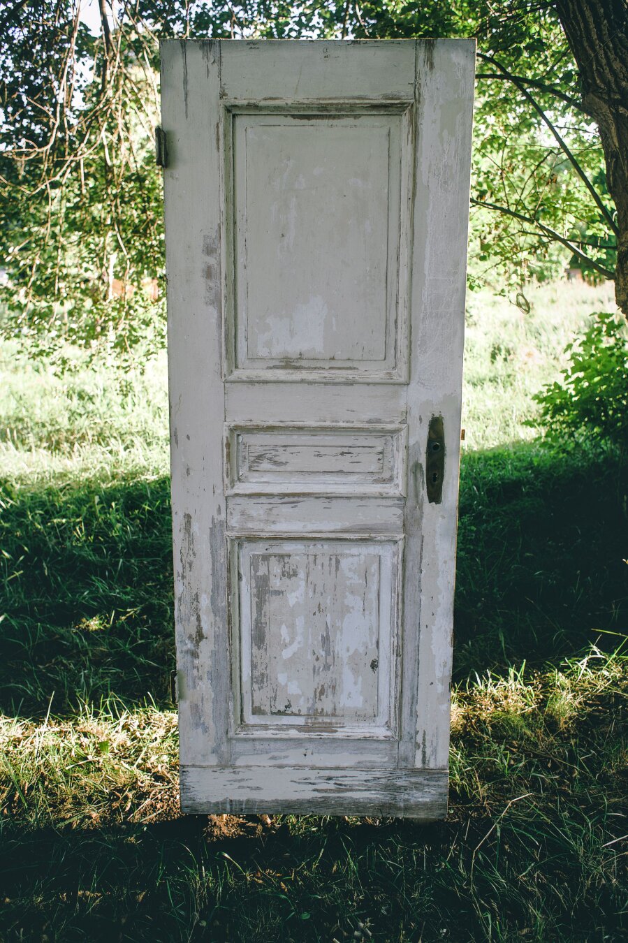 A vertical, centered photograph captures a heavily weathered, distressed white panel door standing upright in a lush green grassy field. The door, with its peeling paint and exposed raw wood, is positioned directly facing the viewer, isolated from any building. The dark brass hardware (keyhole surround) is visible on the right side of the central panel. The background is composed of dense, sun-dappled foliage and mature trees, creating a soft, organic backdrop. The light is natural and diffused.