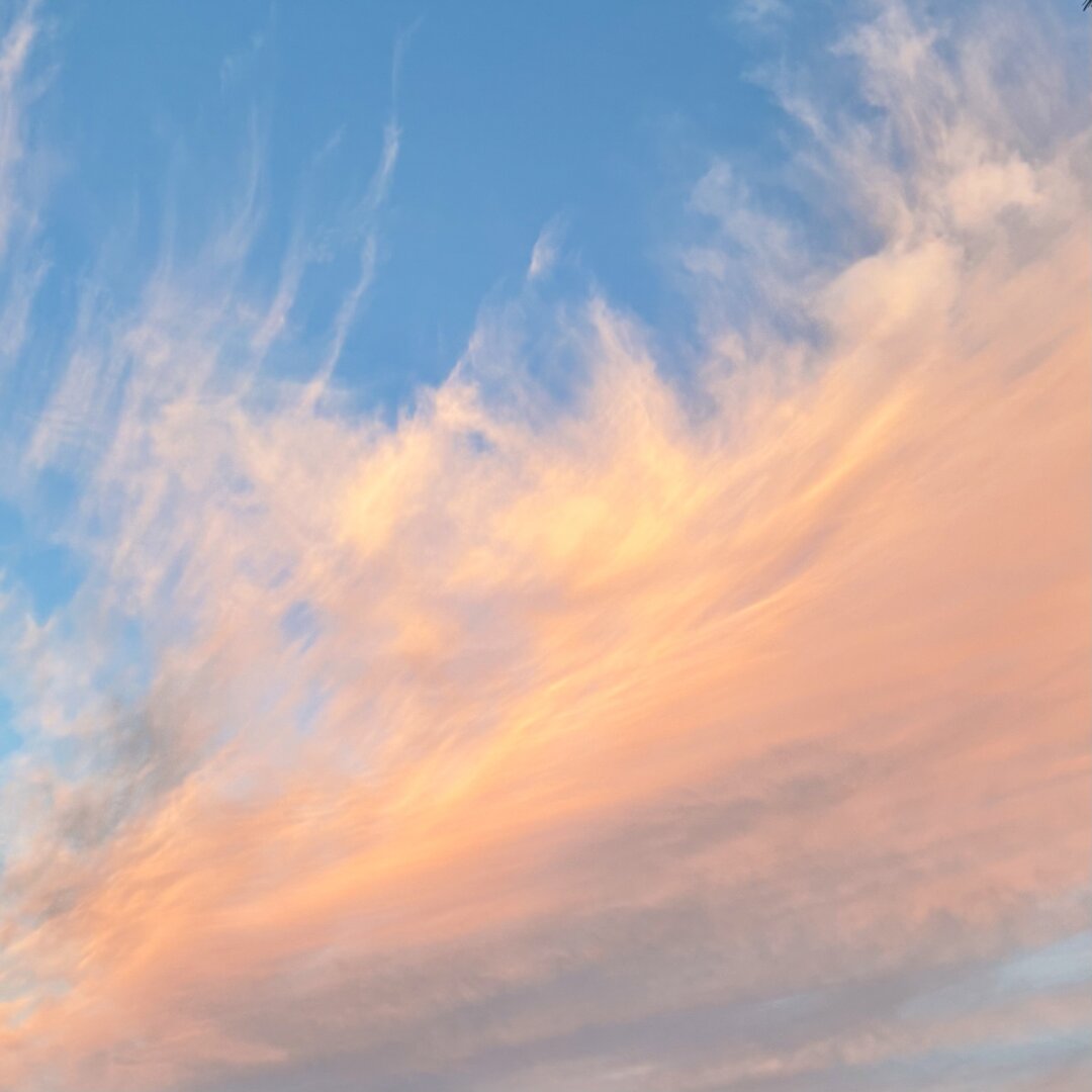 Wispy clouds lit pink by the rising sun.